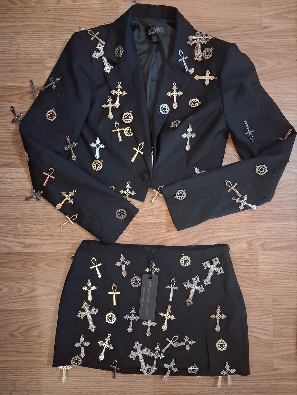 NWT WIDOW DOLL KILL  Silver Crosses  Jacket & Skirt Set.   Womens.  Black